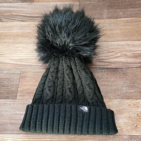 RARE Sacai x The North Face Beanie Hat Faux Fur Pom Pom Black Cable Knit